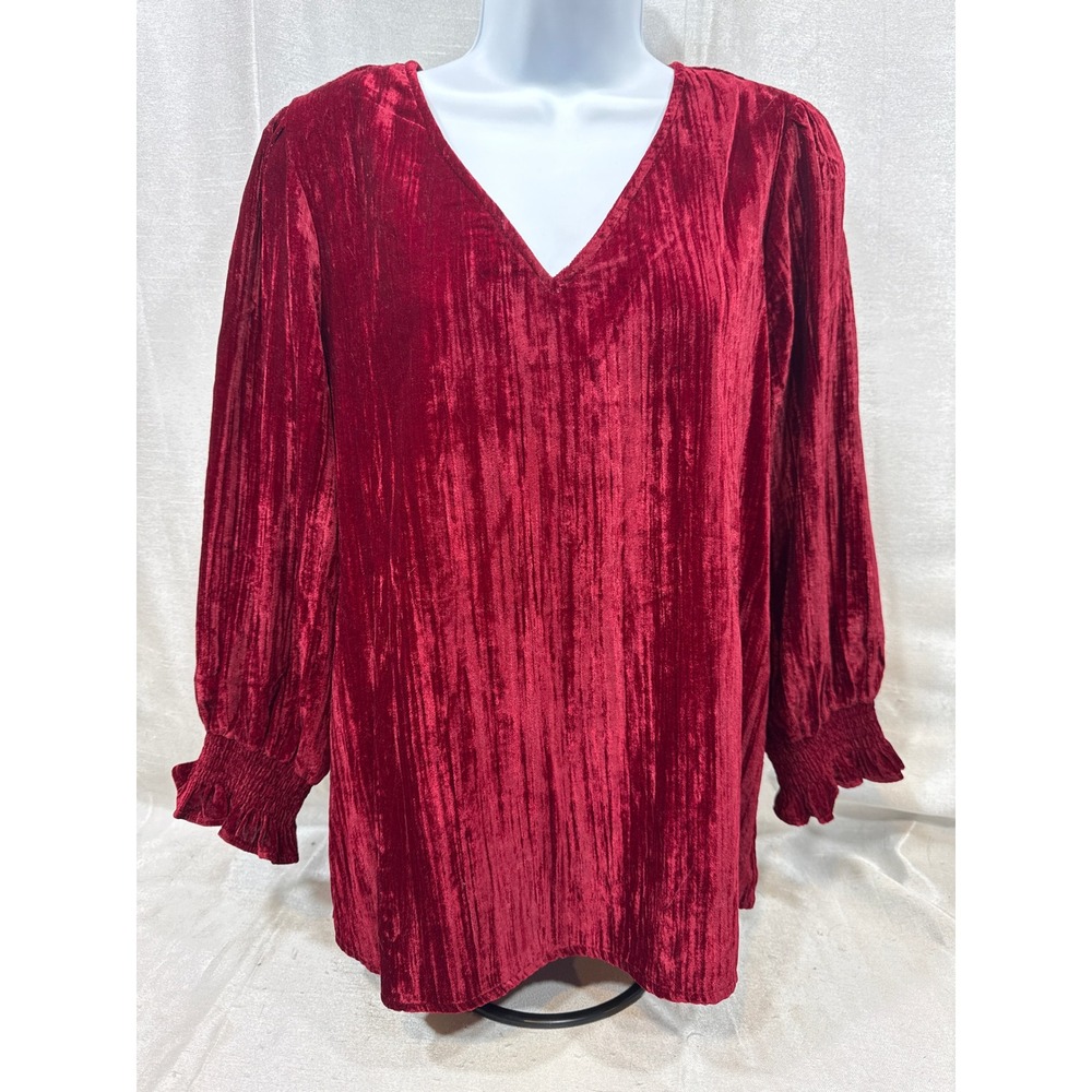 Michelle McDowell Womens Red Crushed Velvet V-Neck Blouse Smocked‎ Cuffs Medium